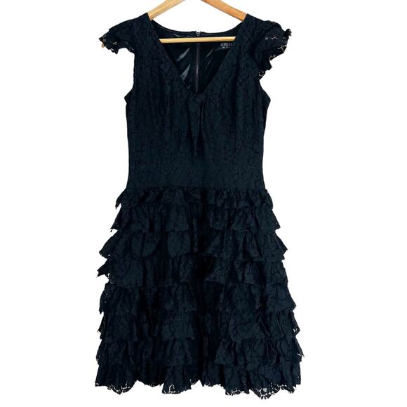 Guess Mini Dress Womens S Black Lace Tiered Ruffle V-Neck Whimsigoth Witchy - Picture 1 of 6